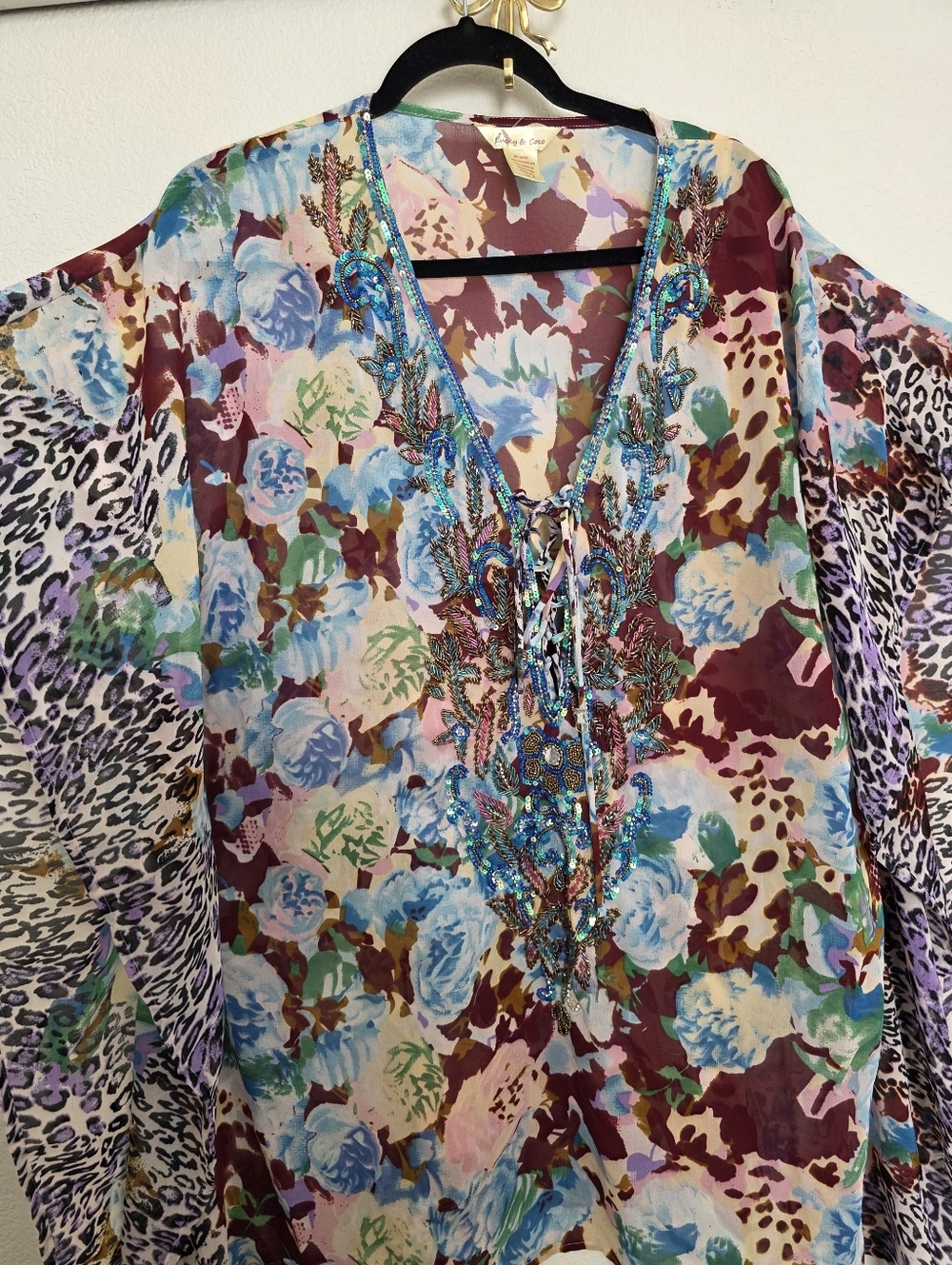 Lucky & Coco Floral Leopard Print Beaded Swim Batwing Kimono Sz M - Picture 3 of 8